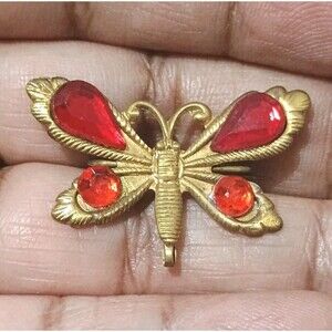 Butterfly Red Acrylic Gold Tone Vintage Brooch
